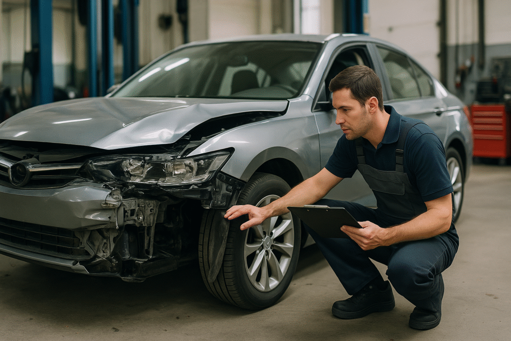 Collision repair technician inspecting a silver sedan with front-end damage inside a professional auto body shop, checking the bumper and frame alignment.