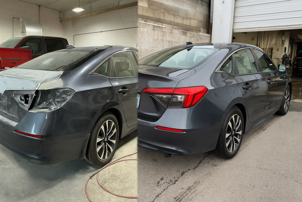 Before and after comparison of a Honda sedan undergoing collision repair at Eurotech Auto Body in Columbus, OH — showing the vehicle first in damaged condition with rear panel and taillights removed, and then fully restored with clean paint, aligned panels, and a factory-finish exterior.